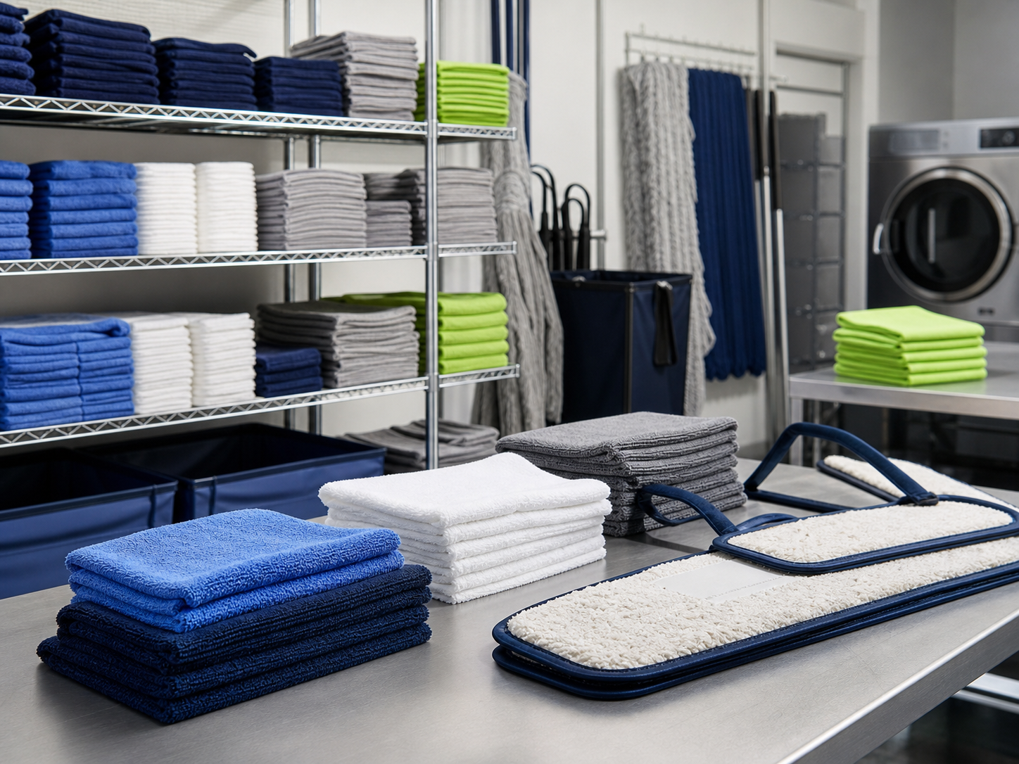 Organized clean microfiber cloths and mop pads at a cleaning company
