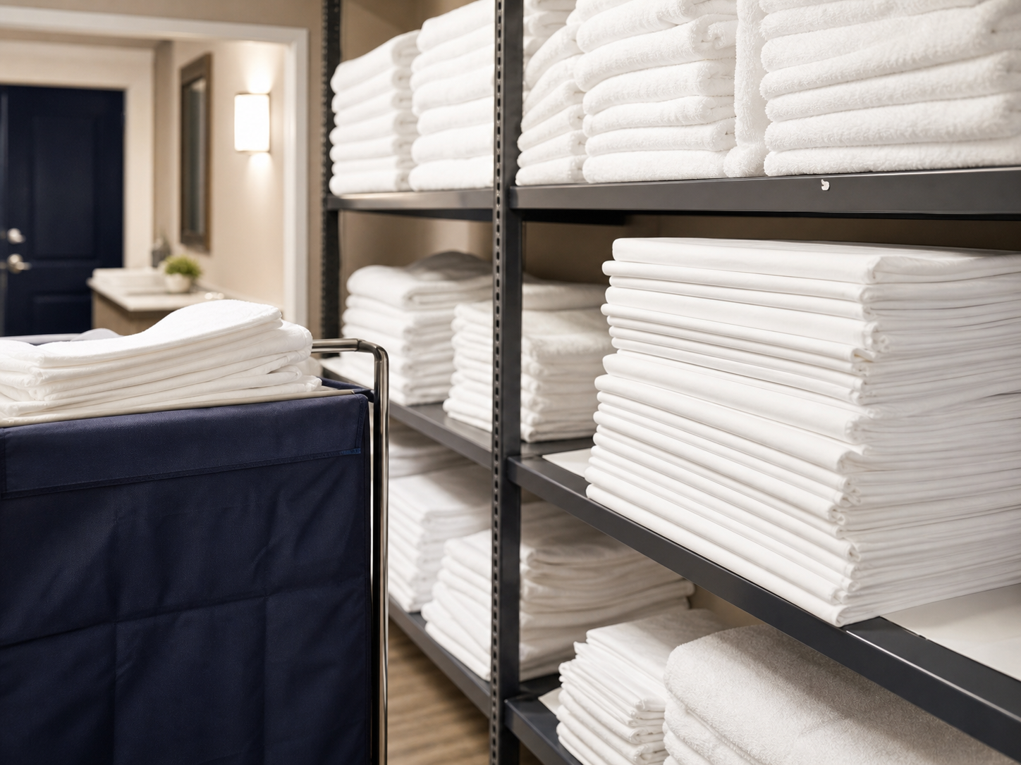 Organized clean linens in a small motel linen room