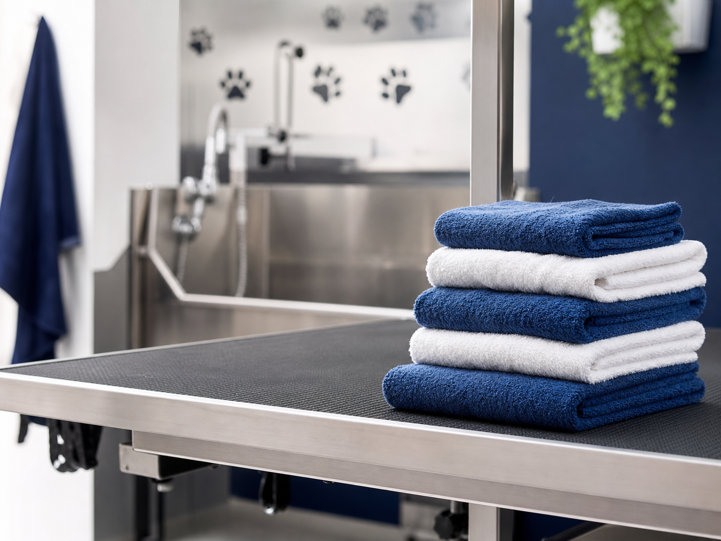 Clean blue and white towels in a professional pet-grooming shop