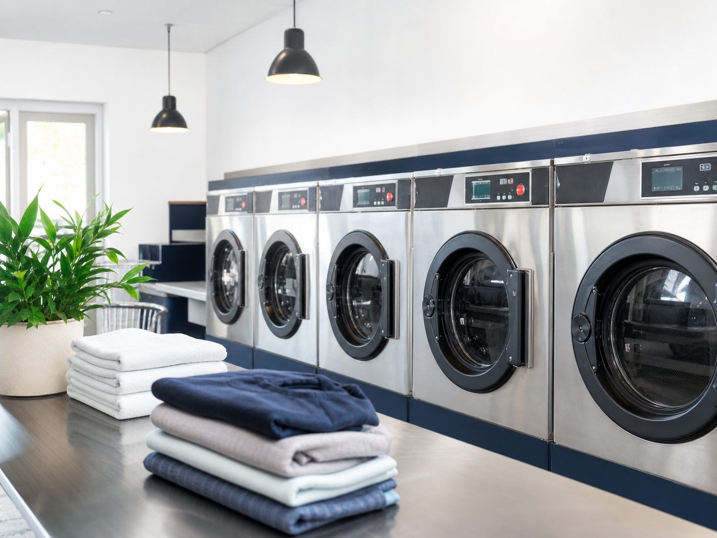 Modern commercial washers and folded laundry in a small laundromat