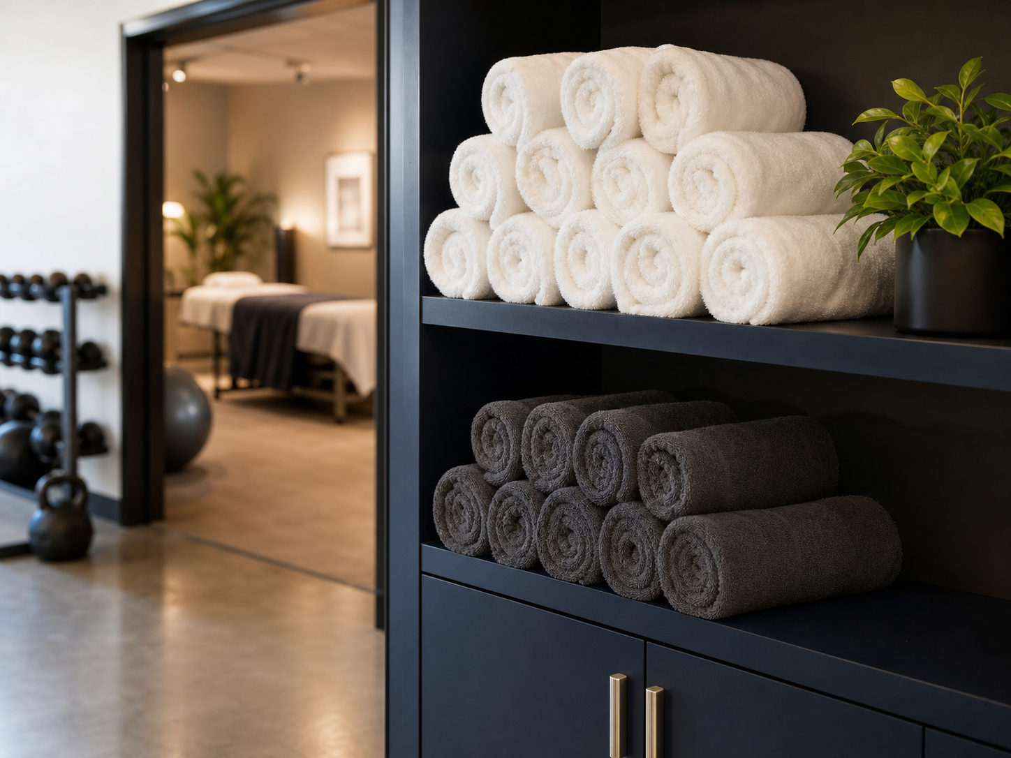 Clean rolled towels in a boutique spa and gym linen station