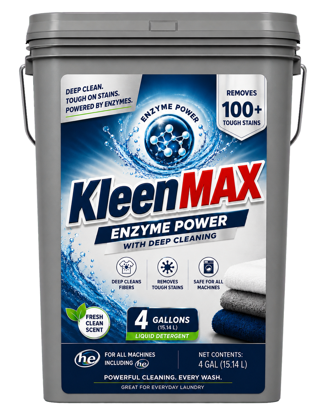 Gray four-gallon KleenMAX commercial laundry detergent bucket