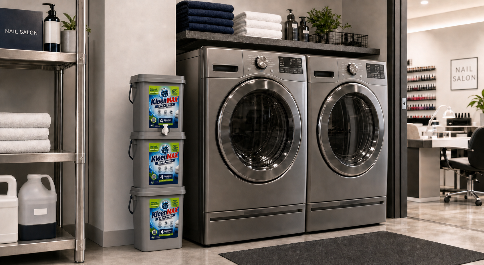 Three compact 8-by-13-inch KleenMAX buckets stacked closely beside a front-load washer and dryer in a professional nail salon laundry area