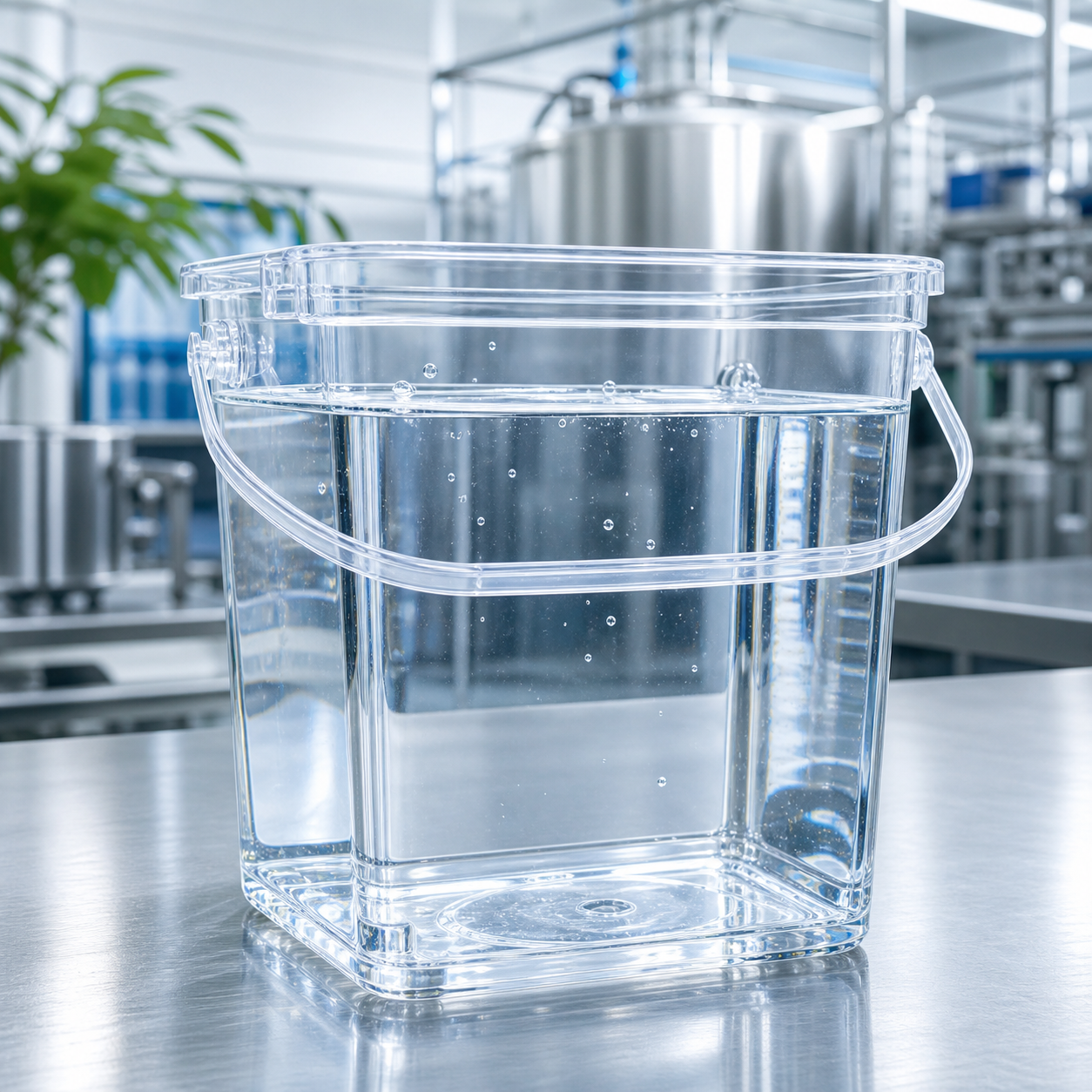 Transparent bucket filled with crystal-clear purified water